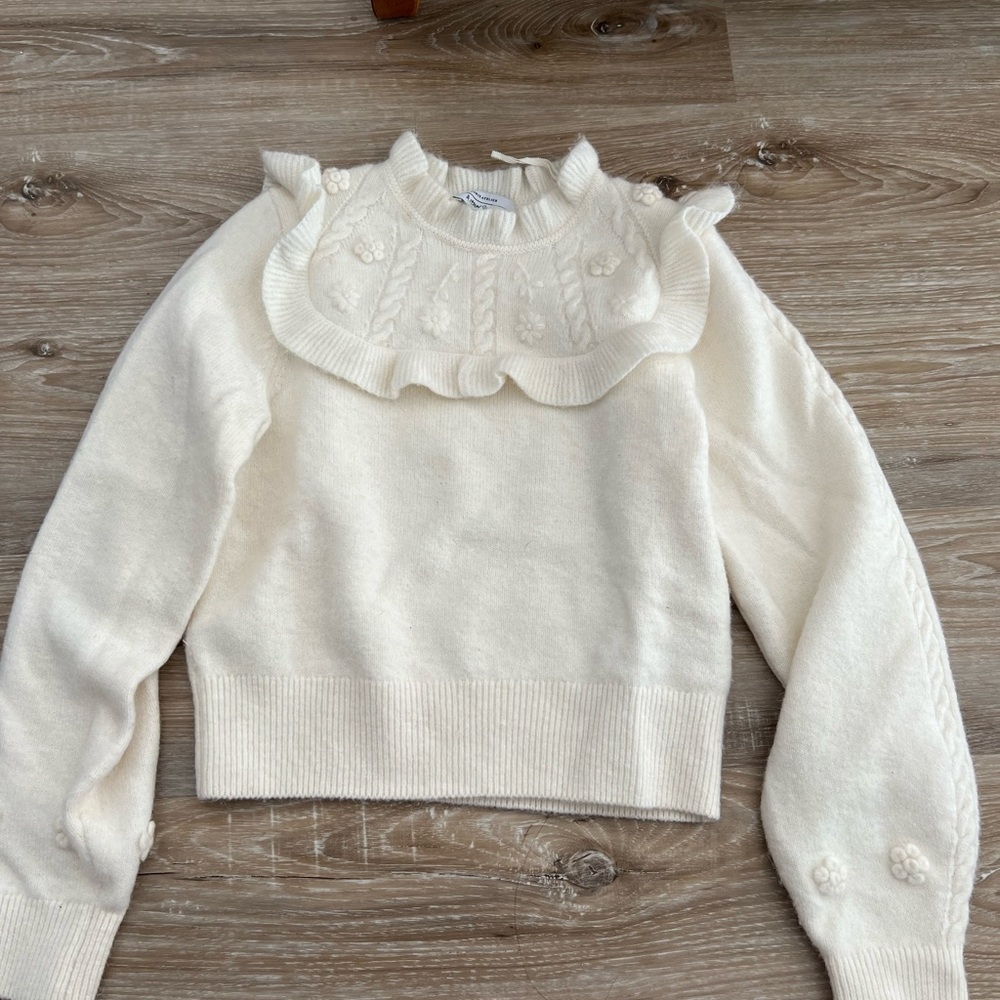 & Other Stories White Crew Neck Sweater with Ruffled Detail